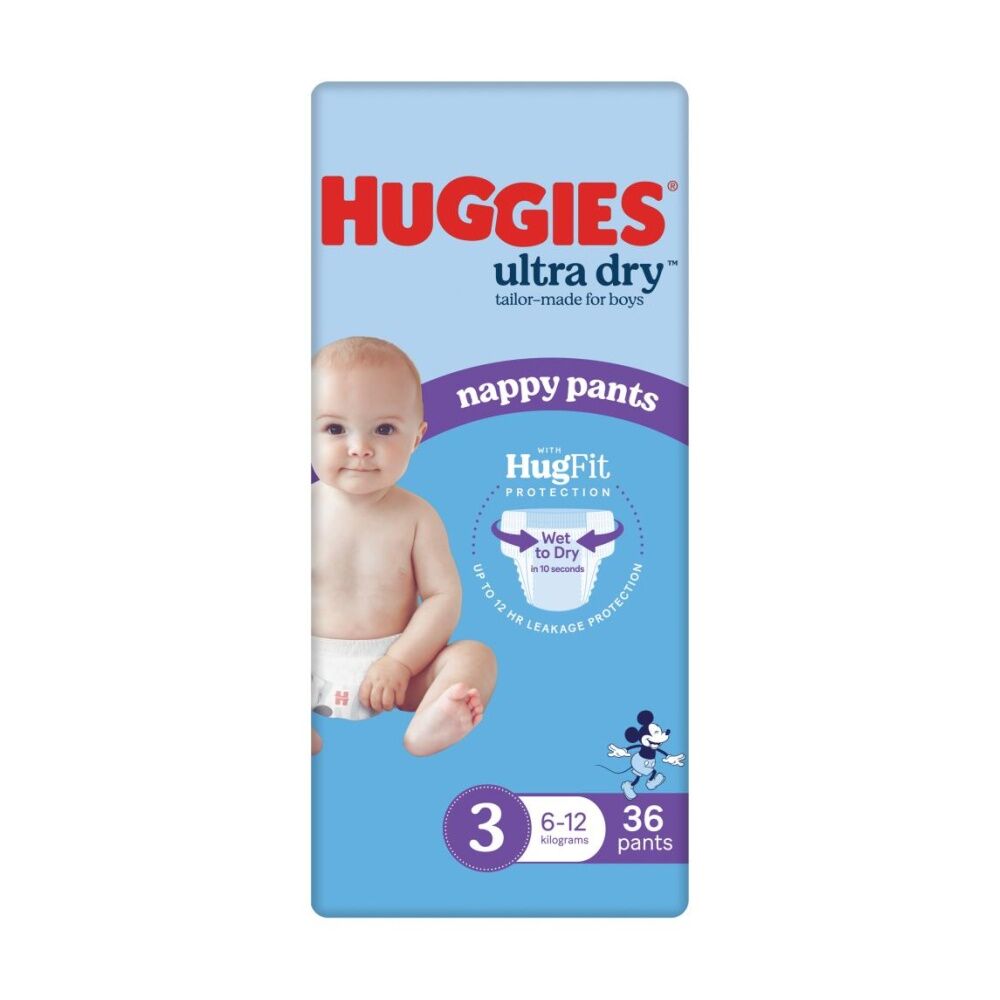 36pc Huggies Ultra & Rapid Dry Nappy Pants Size 3 Boys 6-12kg