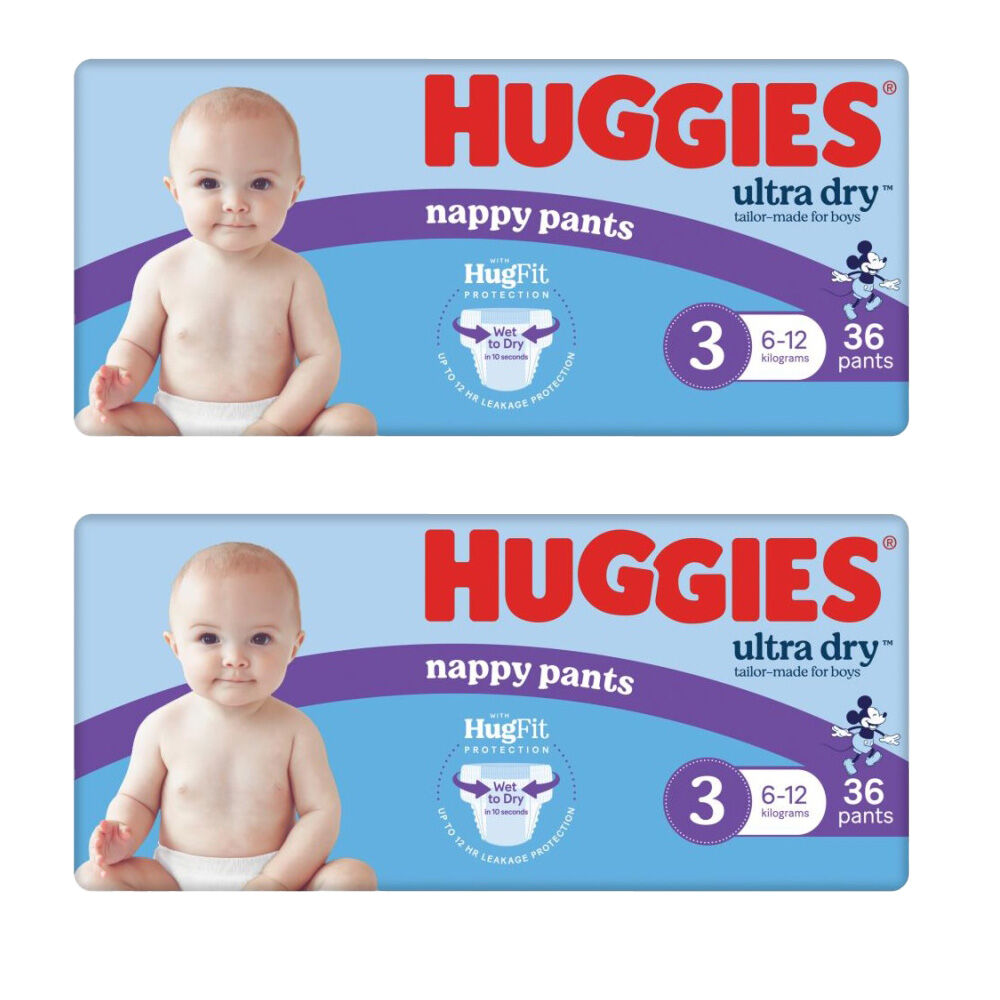 2x 36pc Huggies Ultra & Rapid Dry Nappy Pants Size 3 Boys 6-12kg
