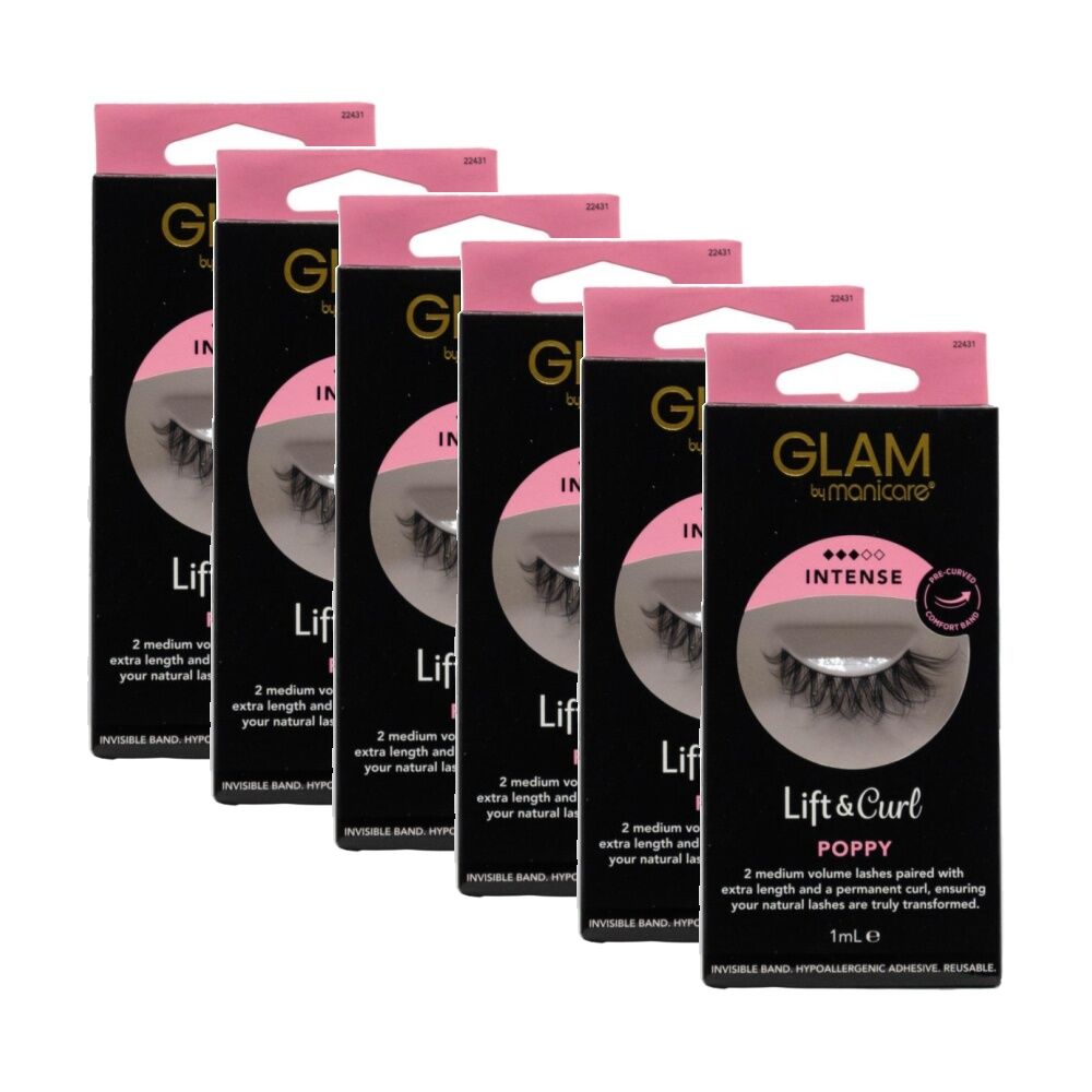 6PK Manicare Glam Lift & Curl 2 Wispy Lashes W/ Comfort Band 1ml Intense Poppy