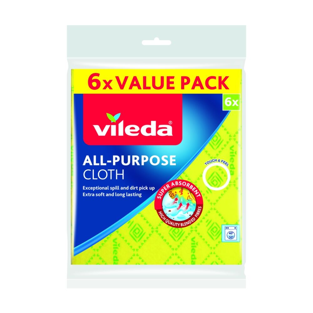6x6pc Vileda All-Purpose Cloth Microfibre Blend Absorbent 29x40cm