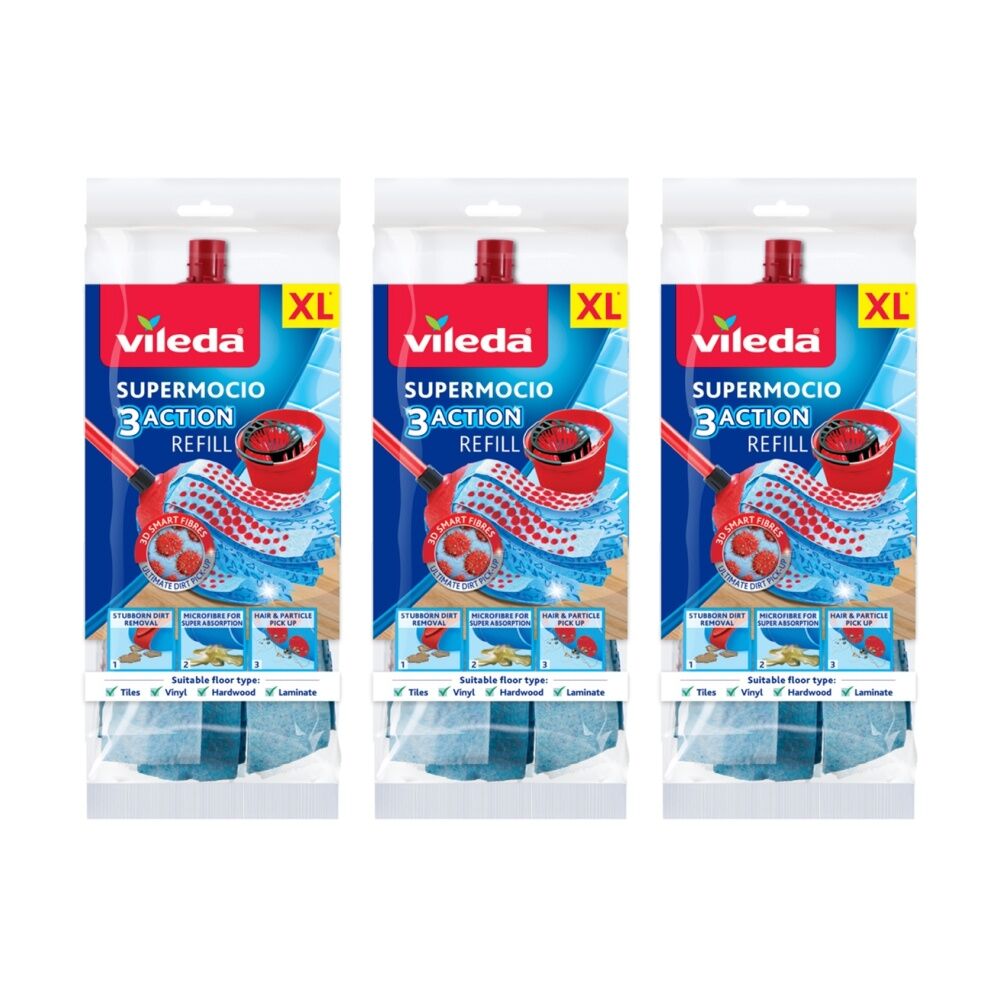 3PK Vileda SuperMocio 3 Action Mop Refill Extra Long Three Cleaning Zones