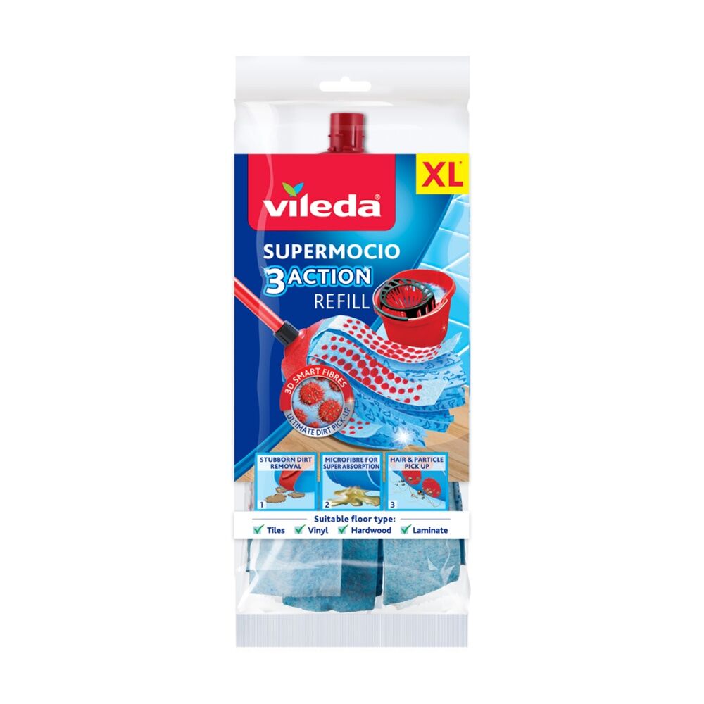 6PK Vileda SuperMocio 3 Action Mop Refill Extra Long Three Cleaning Zones