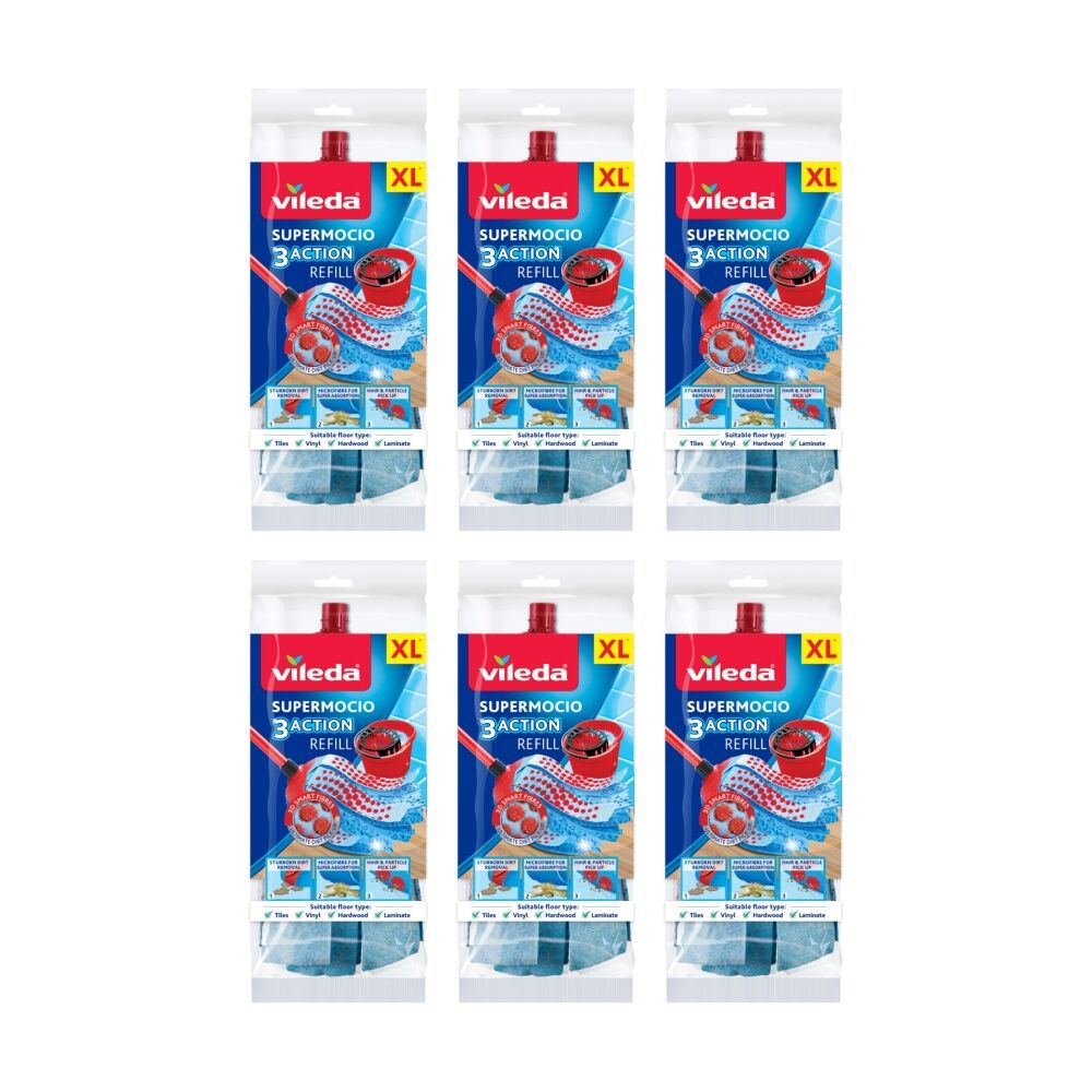 6PK Vileda SuperMocio 3 Action Mop Refill Extra Long Three Cleaning Zones