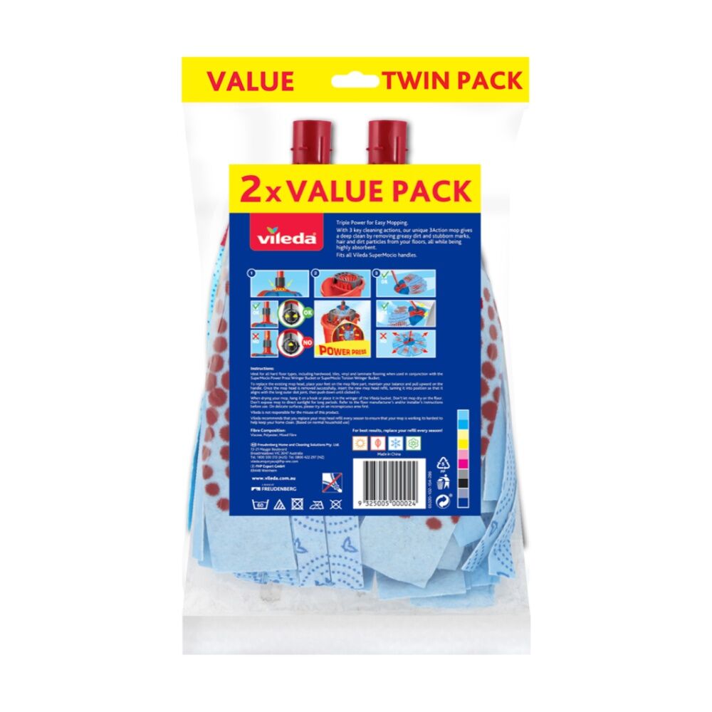 2pc Vileda SuperMocio 3 Action Mop Refill Pack Three Cleaning Zones