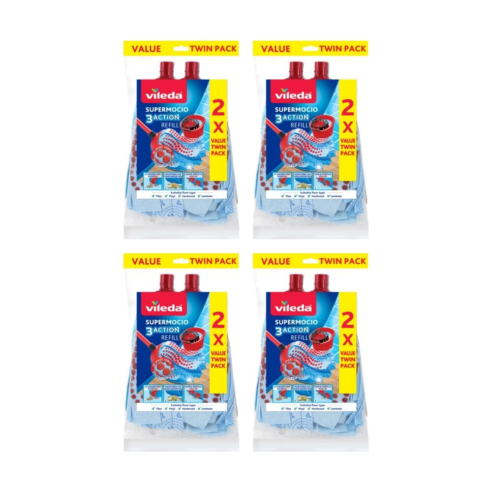 4x2pc Vileda SuperMocio 3 Action Mop Refill Pack Three Cleaning Zones