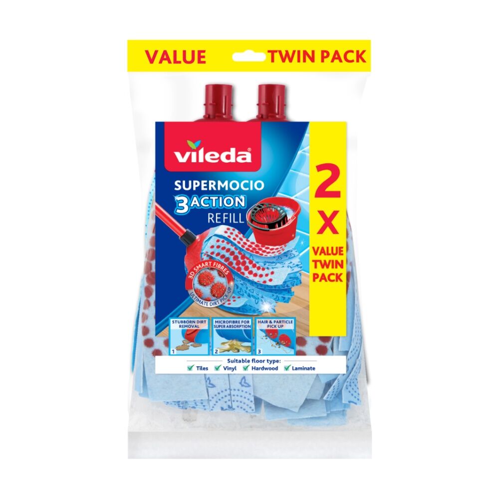4x2pc Vileda SuperMocio 3 Action Mop Refill Pack Three Cleaning Zones