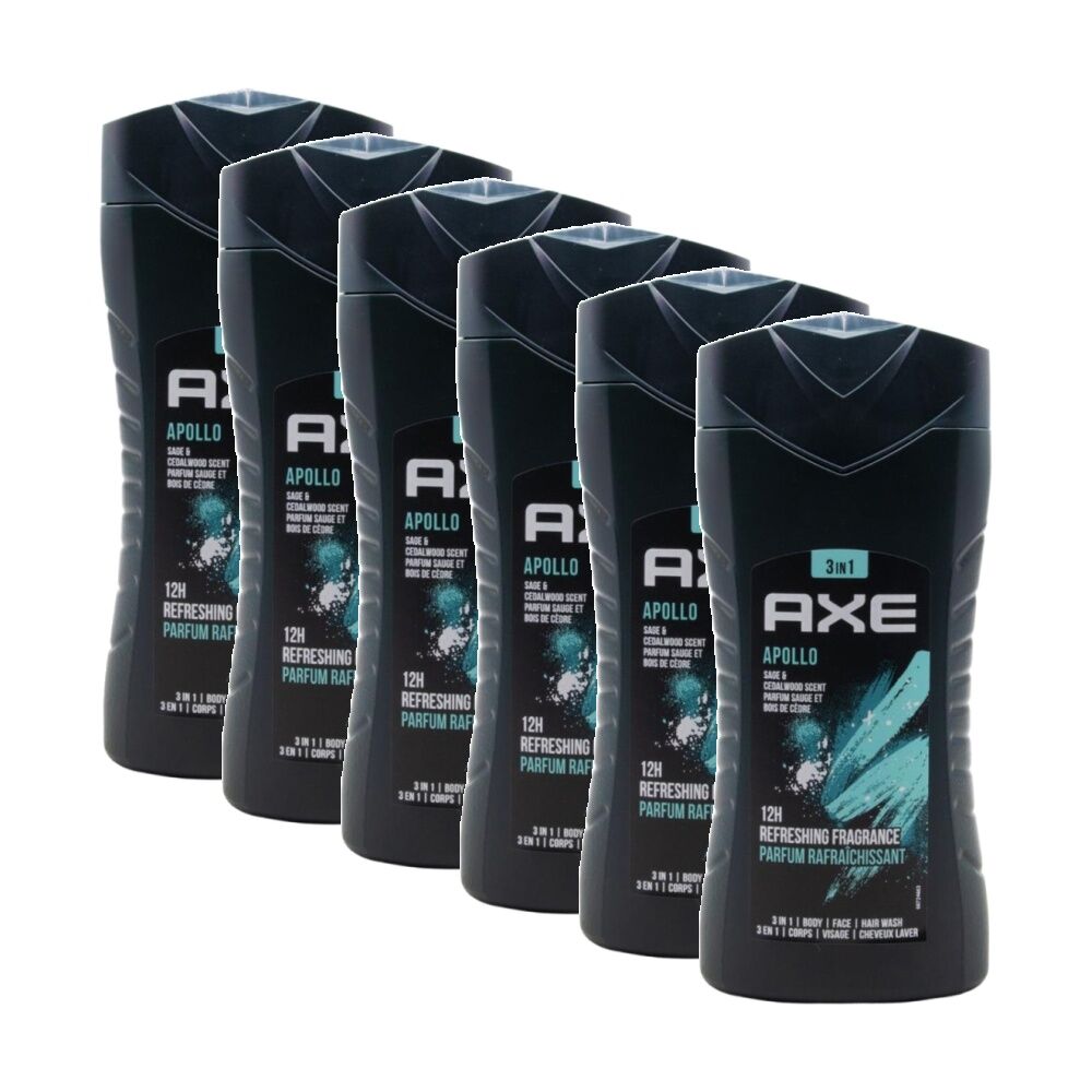 6PK Axe 3 In 1 Wash Body Face Hair Apollo Sage Cedarwood Fragrance 250mL