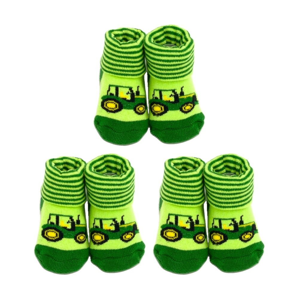 3PK John Deere 0-6M Baby Tractor Cotton Blend French Terry Cuff Booties