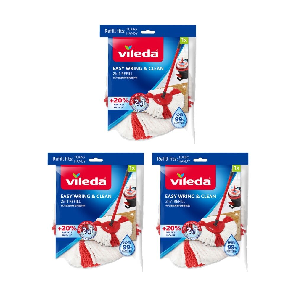 3PK Vileda Easy Wring Clean Spin Mop Refill 2in1 Microfibre Power Red