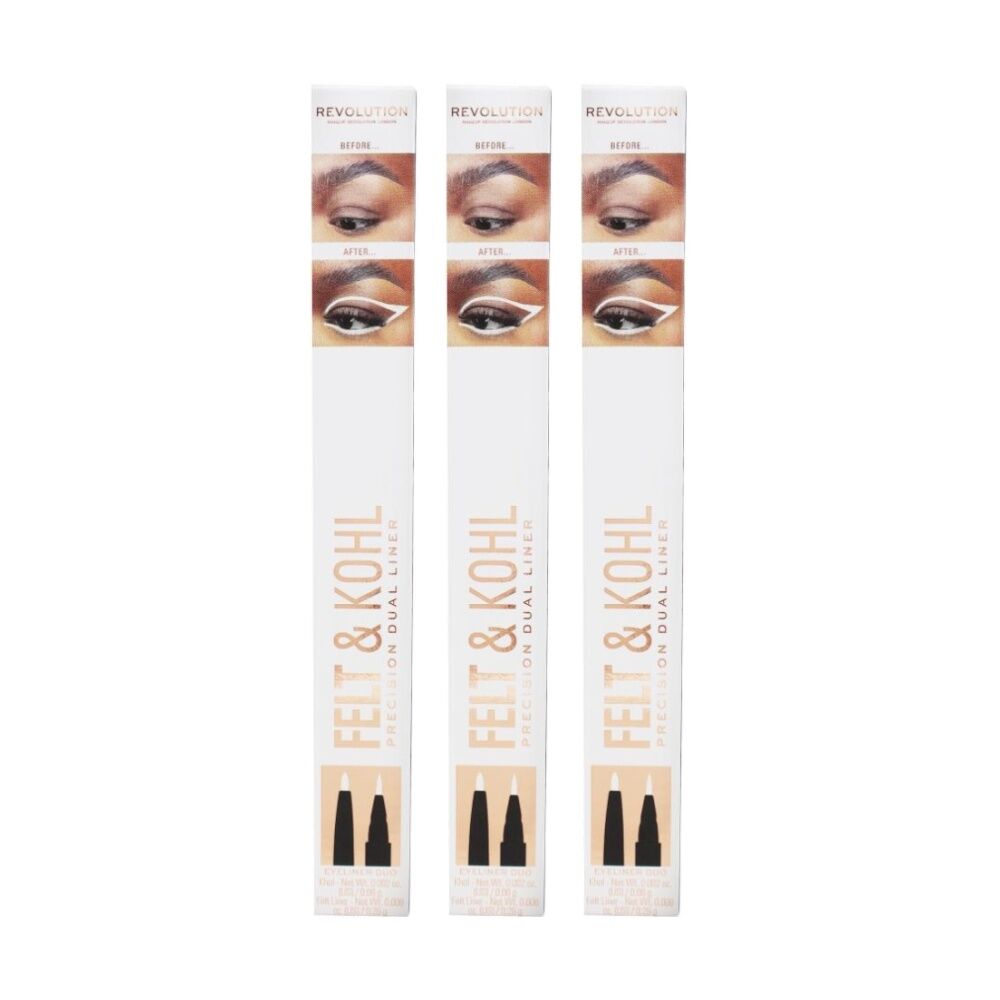 3PK Revolution Felt & Kohl Eyeliner Precision Dual Liner Eye Makeup White 1.3g