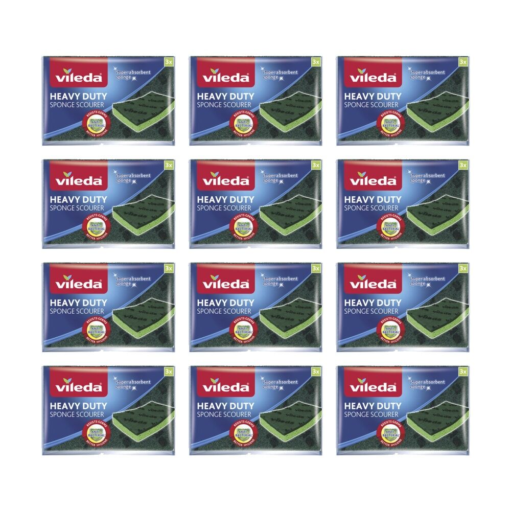 12x3pc Vileda Anti-Bac Cellulose Heavy Duty Sponge Scourer Antibacterial