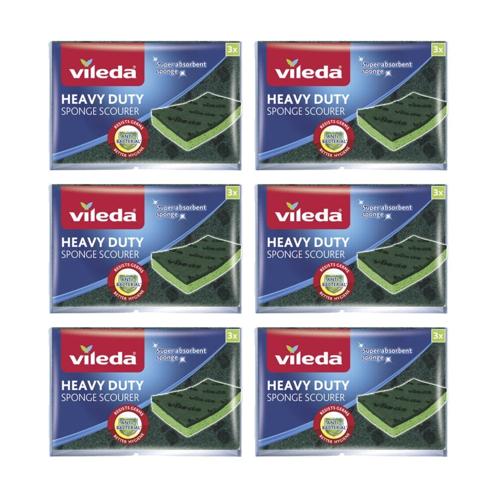 6x3pc Vileda Anti-Bac Cellulose Heavy Duty Sponge Scourer Antibacterial