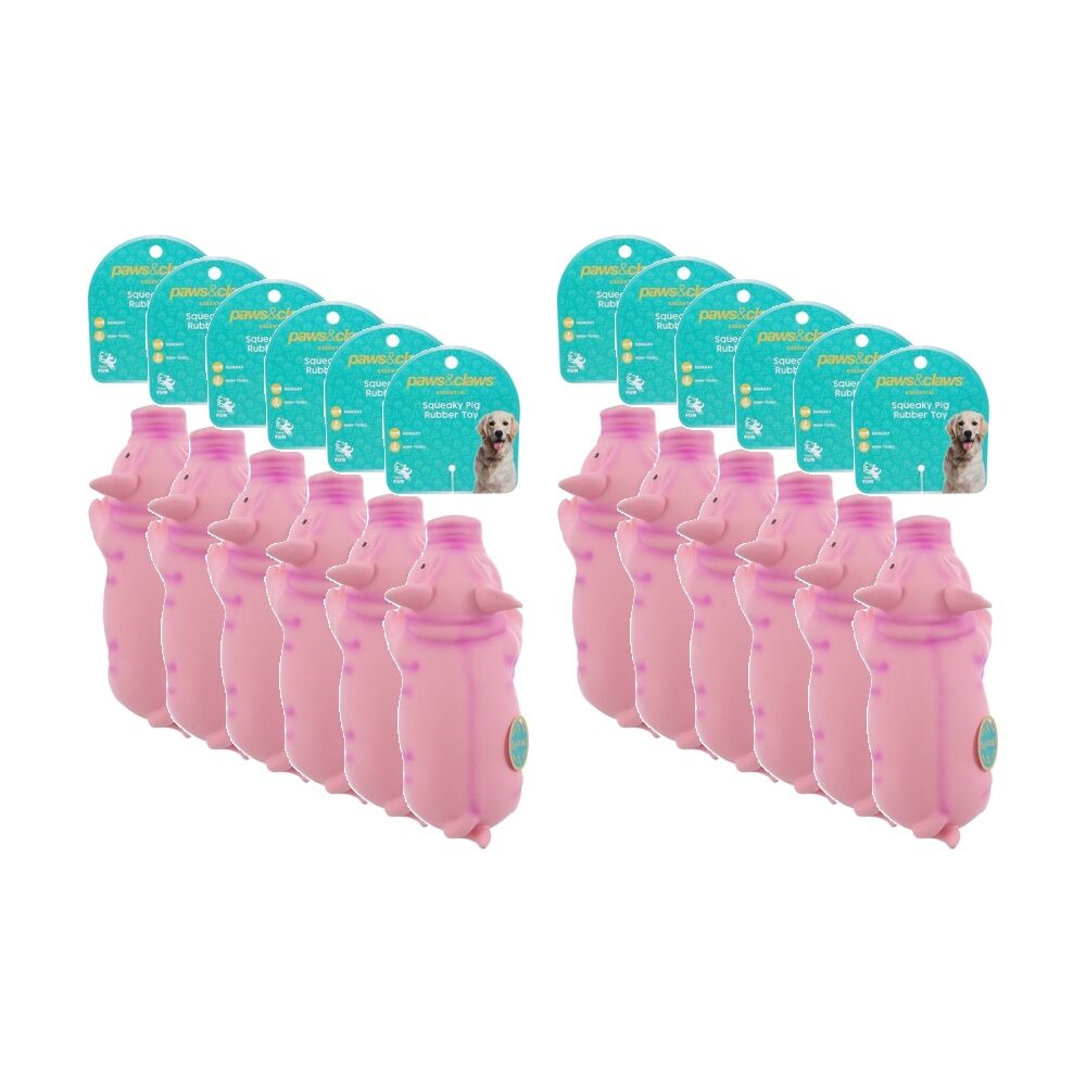 12PK Paws And Claws Squeaky Pig Rubber Latex Pet Dog Toy Durable 22cm