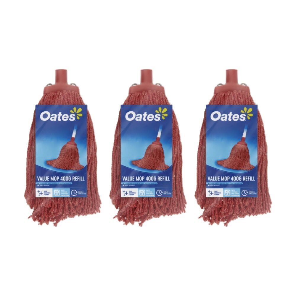 3PK Oates Value Mop Refill Red Absorbent Durable Cleaning Head 400g