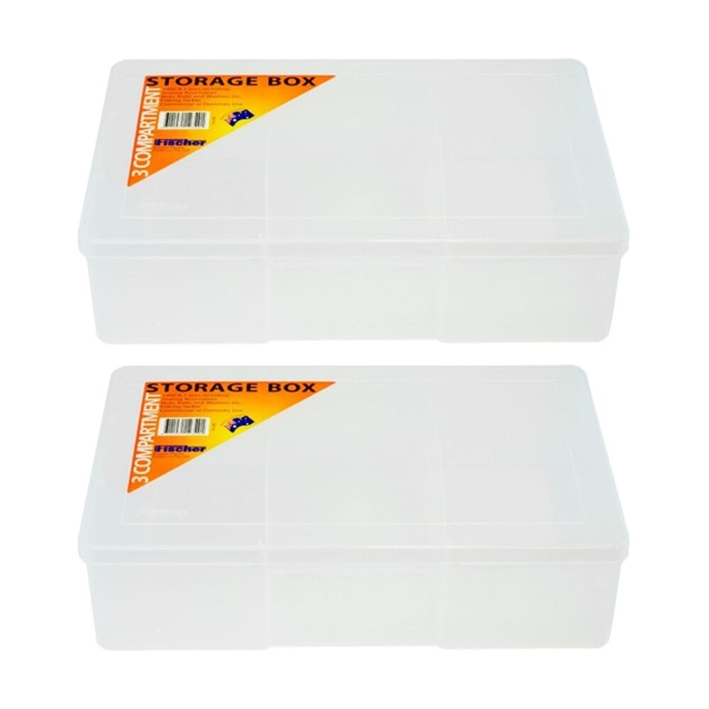 2PK Fischer Plastic 3 Compartment Storage Box Large Deep Case Tool