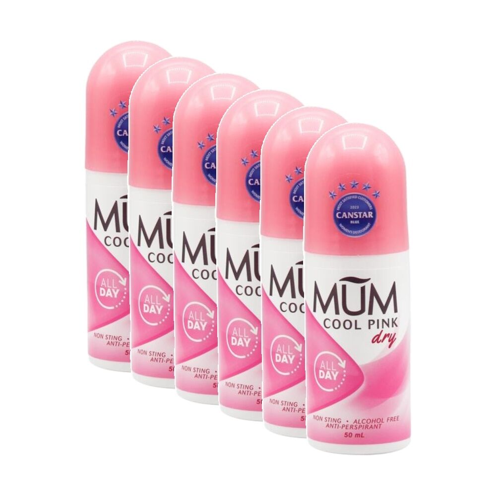 6PK MUM Roll On Antiperspirant Deodorant Cool Pink Non-Sting 50mL