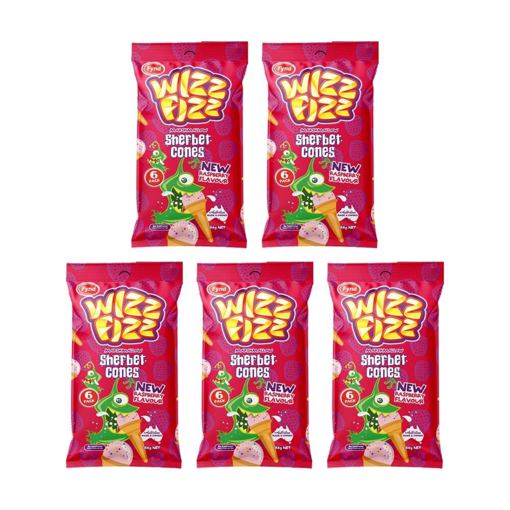 5x 6pc Wizz Fizz Raspberry Cones 84g Fruit Flavour Sour Lollies/Gummies