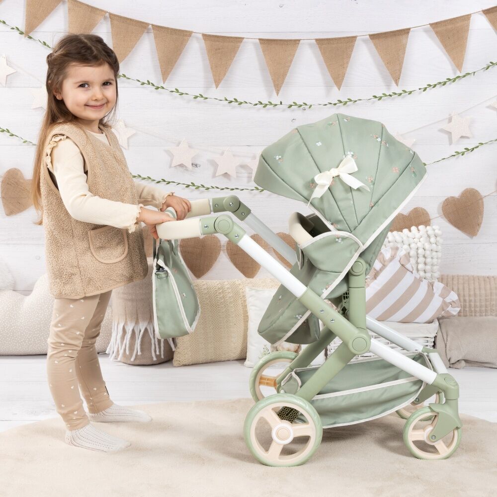 Bayer Xeo Doll Pram Flower Convertible Jogger Adjustable Handle Sage Green 52cm