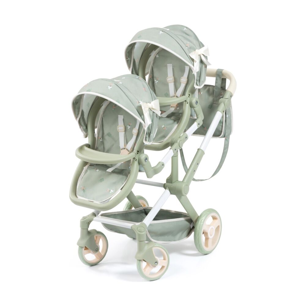 Bayer Xeo Twin Doll Pram Adjustable Handle Foldable Soft Sage Green 46cm