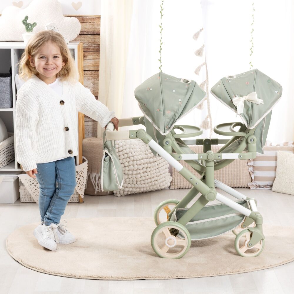 Bayer Xeo Twin Doll Pram Adjustable Handle Foldable Soft Sage Green 46cm