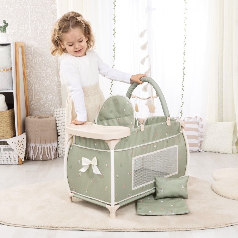 Bayer Multi Bed Doll Cot Integrated High Chair For Dolls Soft Sage Green 46cm