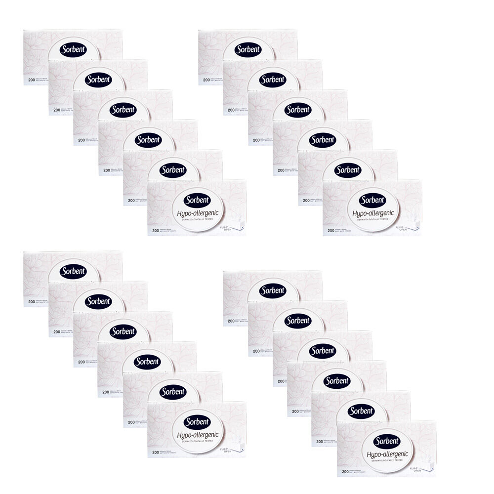 24x 200pc Sorbent Facial Tissues Hypoallergenic Soft Box Gentle White