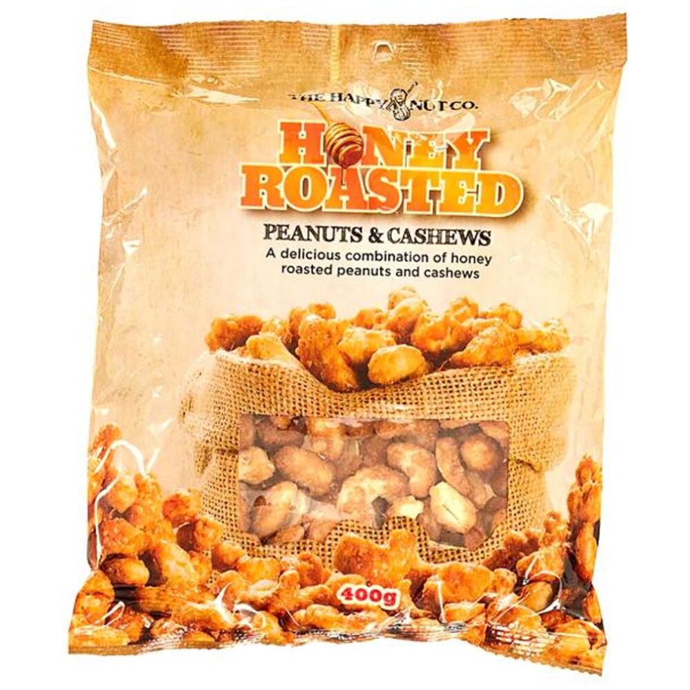 6PK The Happy Nut Co Honey Roasted Peanuts & Cashews Ready To Eat Snack 400g