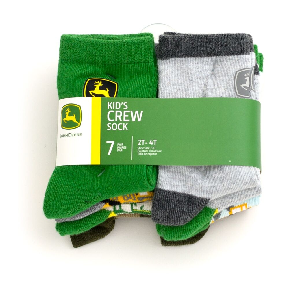 John Deere Truck 7 Pack Non-Slip Grip Crew Socks Cotton Blend 2-4 Years