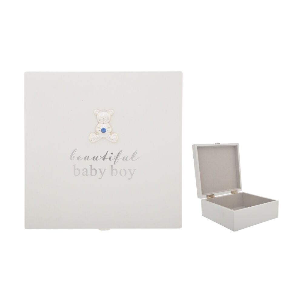 Gibson Gifts Baby Boy Keepsake Box White w/ Teddy Bear Blue Crystal Accent