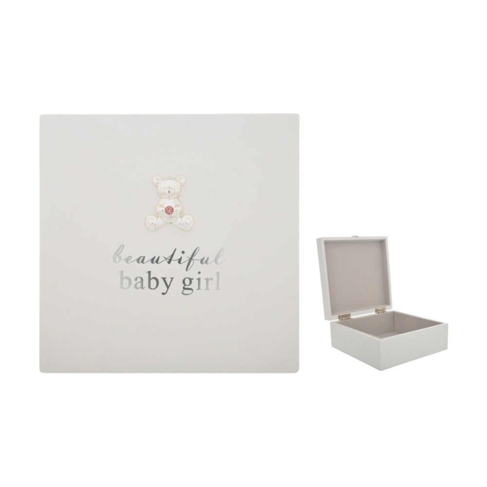 Gibson Gifts Baby Girl Keepsake Box White w/ Teddy Bear Pink Crystal