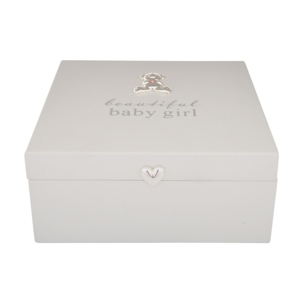 Gibson Gifts Baby Girl Keepsake Box White w/ Teddy Bear Pink Crystal