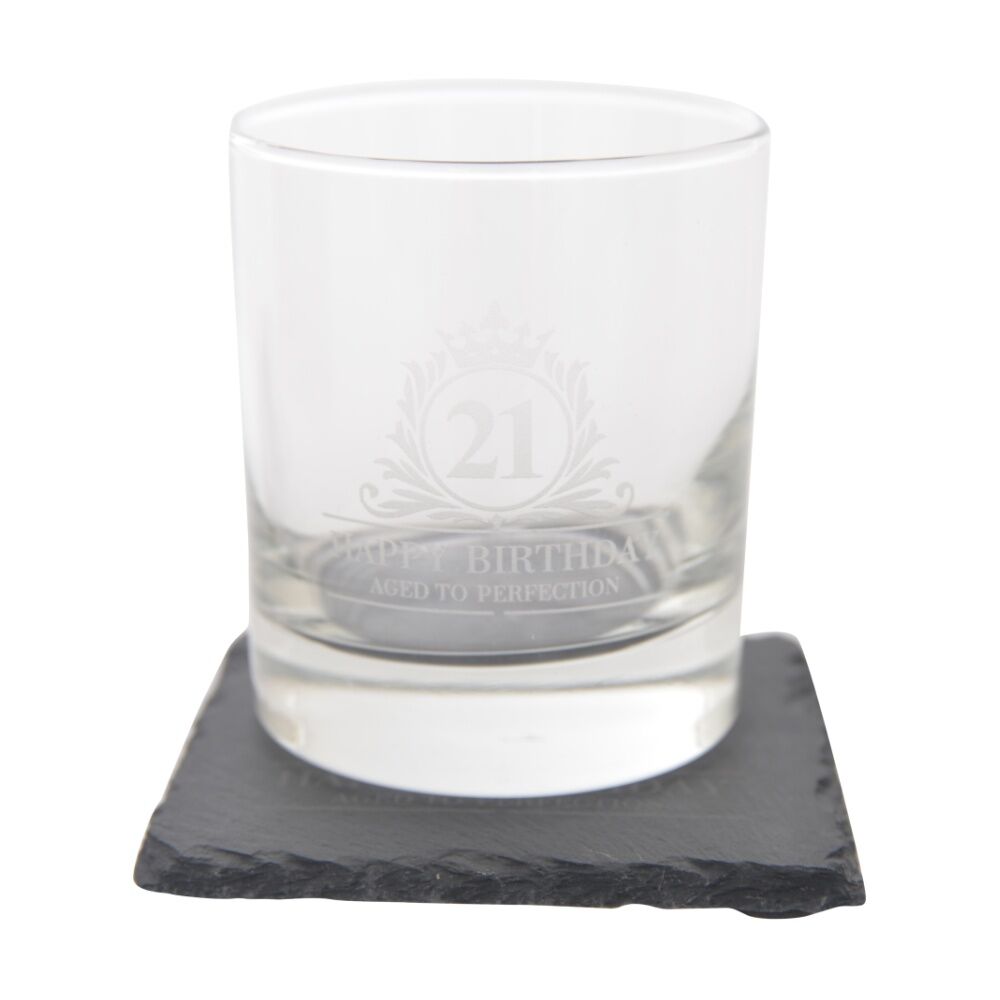 Gibson Gifts 21st Birthday Glass Coaster Set Whiskey Burnt Wood