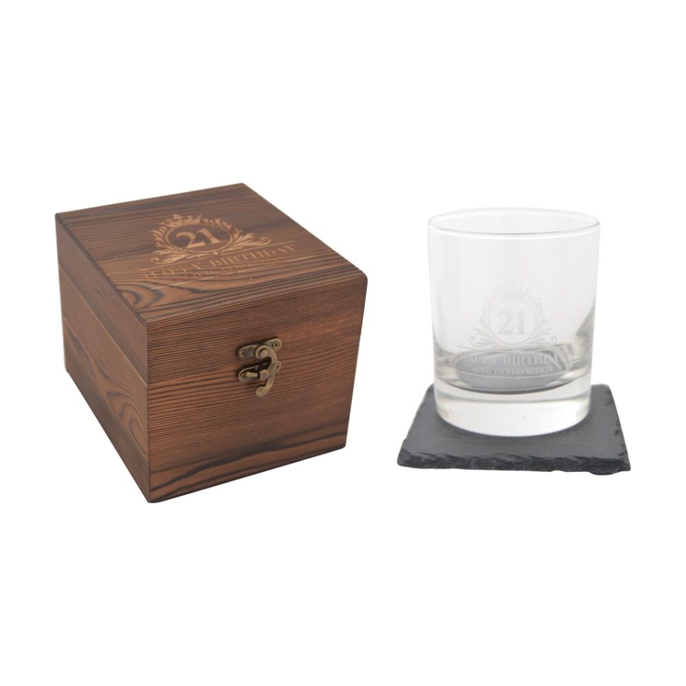 Gibson Gifts 21st Birthday Glass Coaster Set Whiskey Burnt Wood