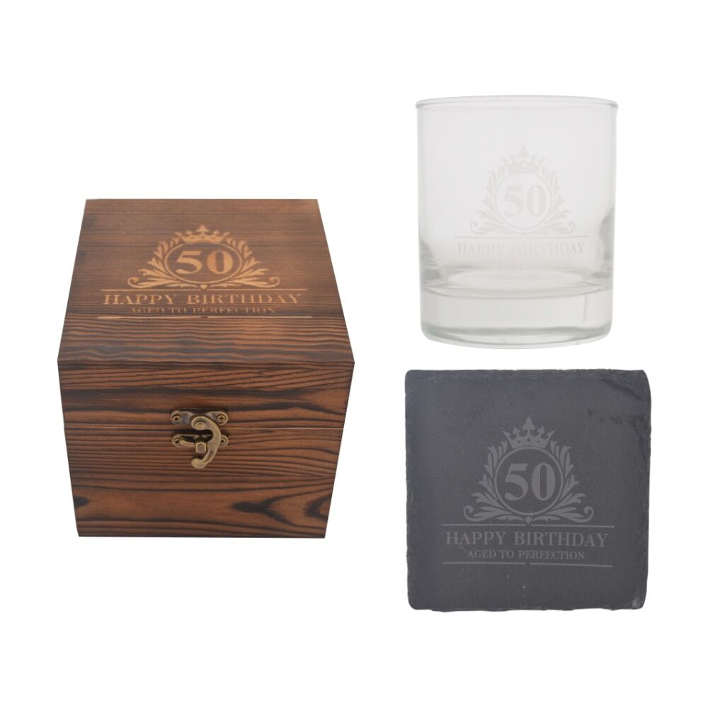 Gibson Gifts 50th Birthday Glass Coaster Set Whiskey Burnt Wood