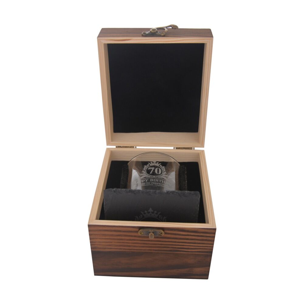 Gibson Gifts 70th Birthday Glass Coaster Set Whiskey Burnt Wood