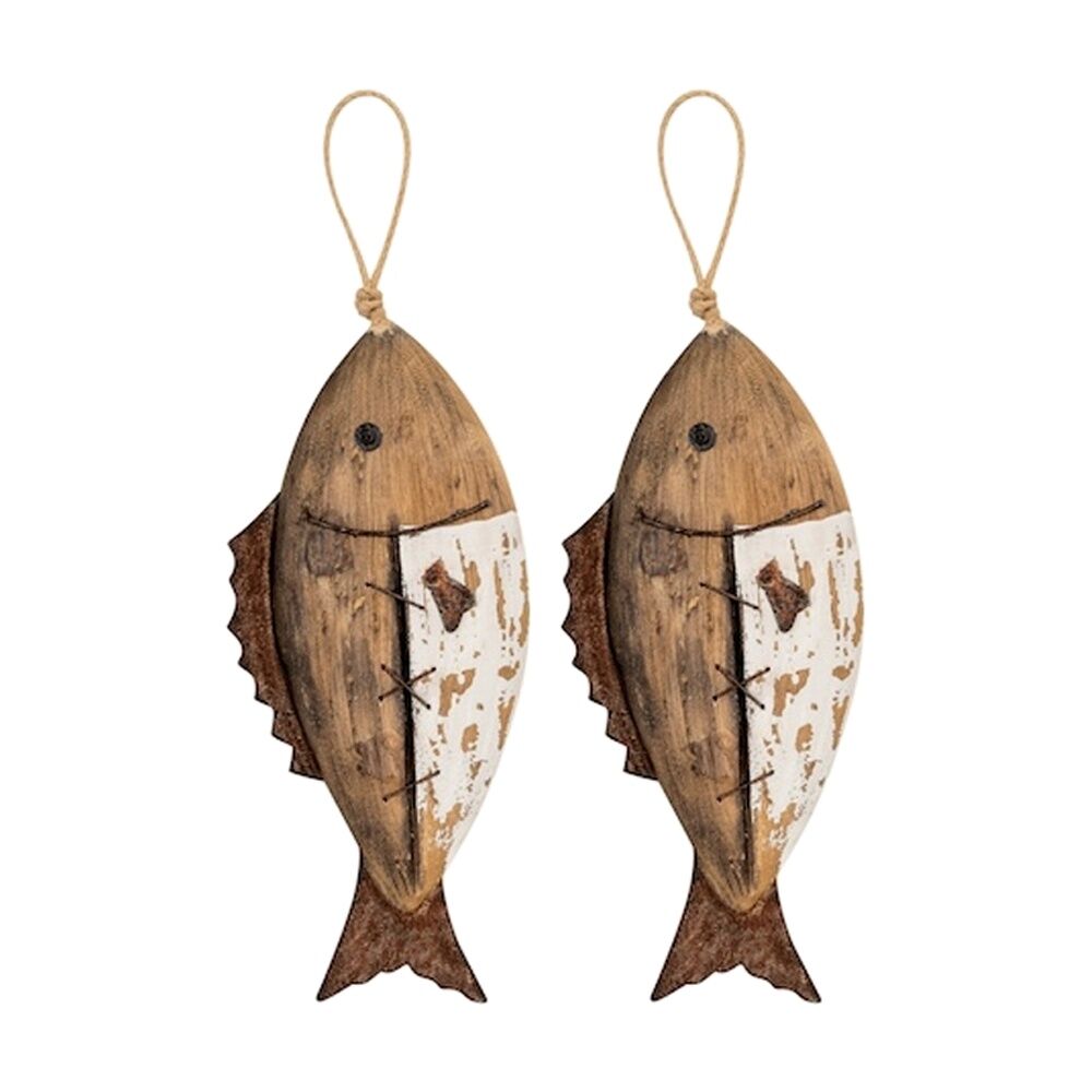 2PK Timber Fish Indoor/Outdoor Coastal Home Decor Hanging Ornament 30x12x4cm