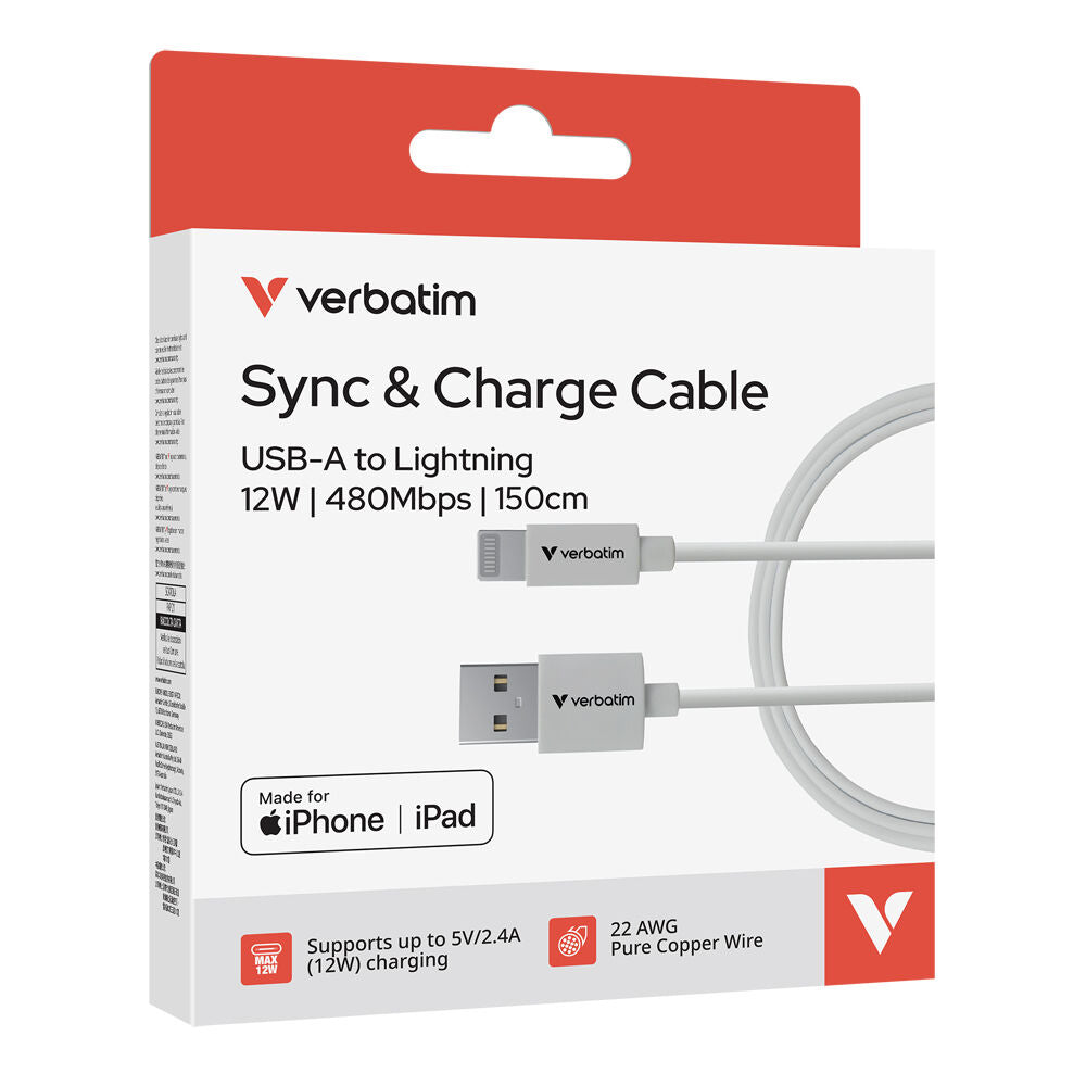 2PK Verbatim USB-A to Lightning Cable MFi Phone Charging Wire 1.5m White