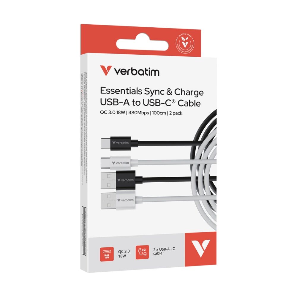 2x 2pc Verbatim Essential Cable USB-A to USB-C Phone Charging 1m Black/White