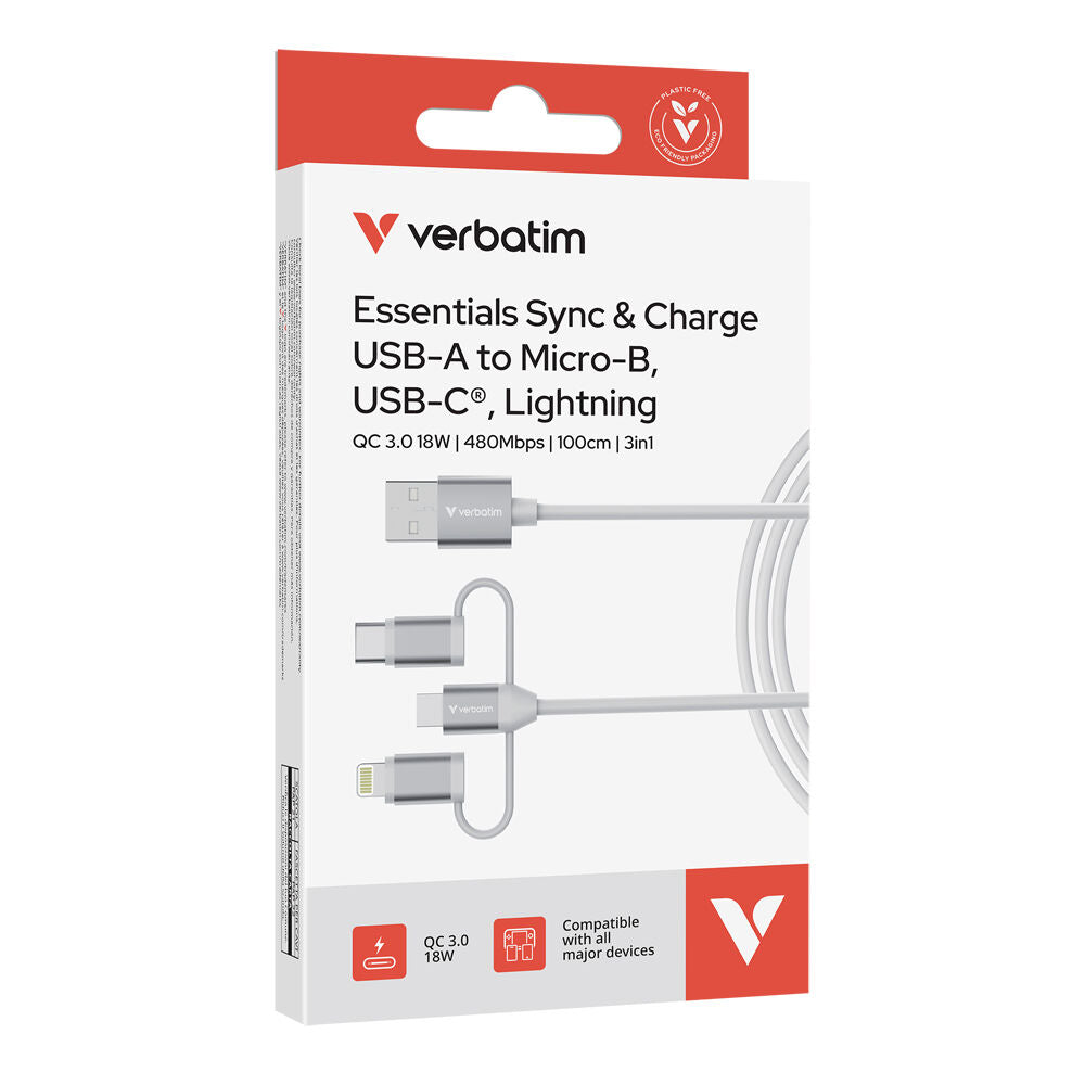 2PK Verbatim Essential 3-in-1 Sync & Charge Cable USB-A to Micro-B USB-C White