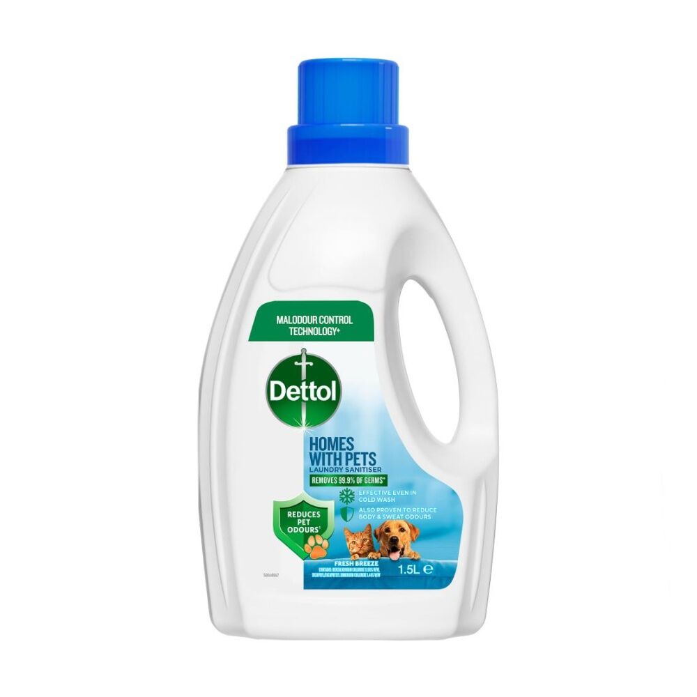 8PK Dettol Homes With Pets Laundry Sanitiser Fresh Breeze Fragrance 1.5L