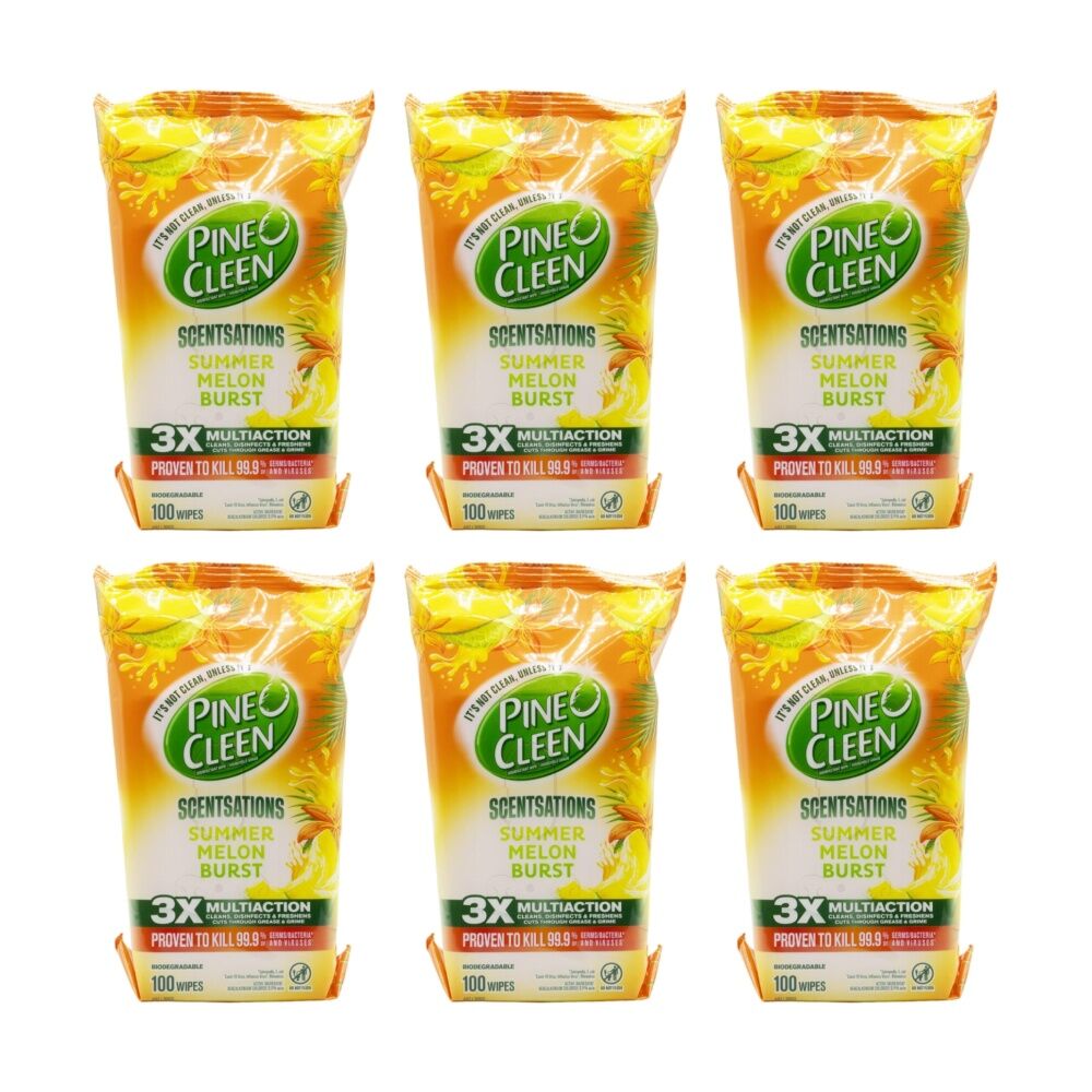 6x 100pc Pine O Cleen Disinfectant Wipes Set Summer Melon Burst Scent