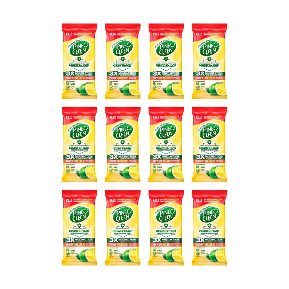 12x 60pc Pine O Cleen Disinfectant Wipes Set Biodegradable Lemon Lime Scent