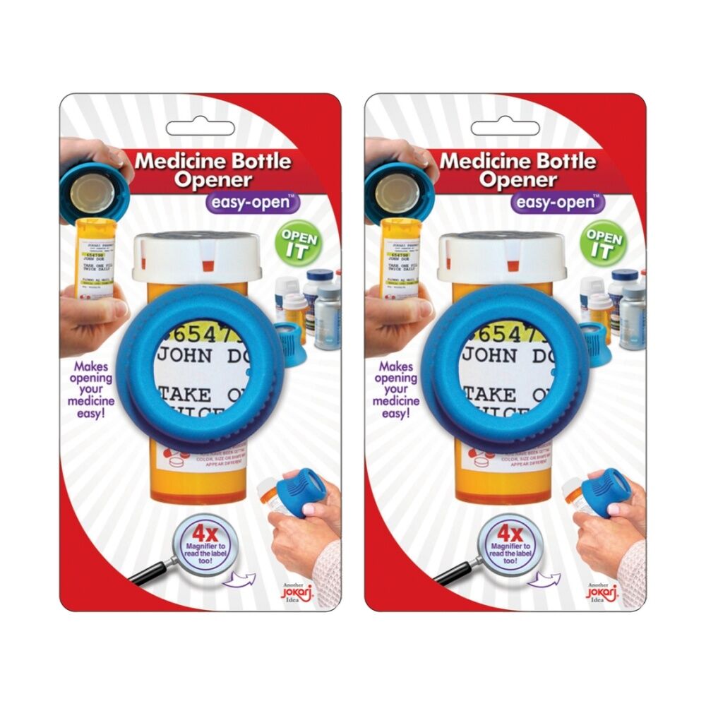 2PK Jokari Ergonomic Easy Grip Medicine Bottle Opener W/ 4x Magnifier Blue