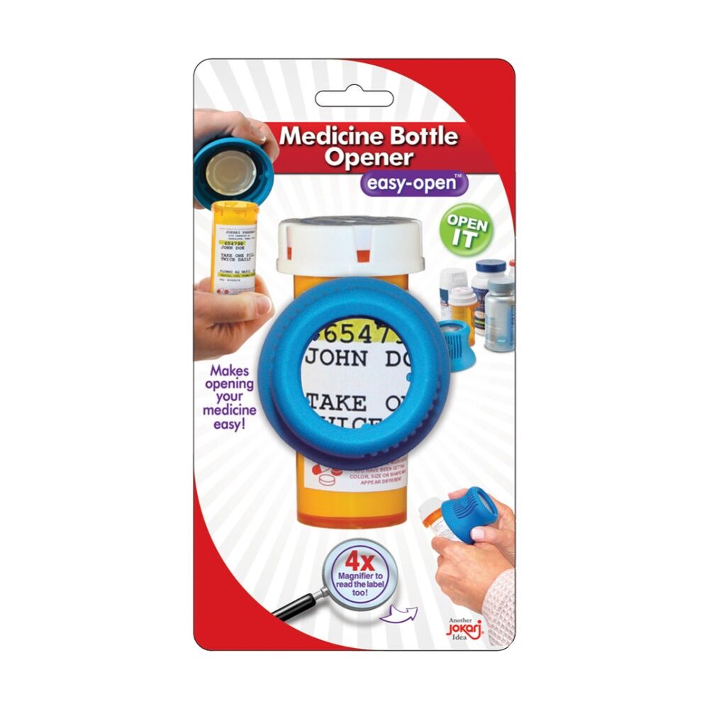 Jokari Ergonomic Easy Grip Medicine Bottle Opener W/ 4x Magnifier Blue
