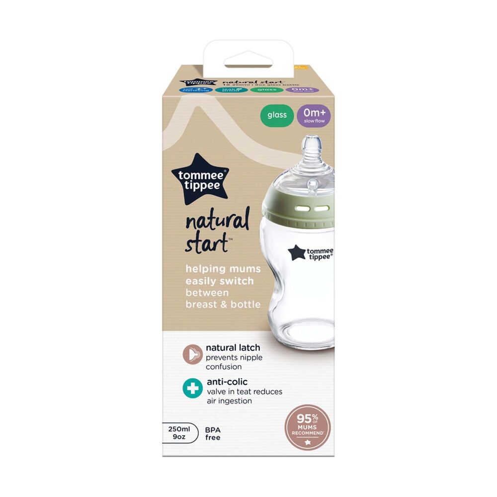 Tommee Tippee Natural Start Glass Anti-Colic Baby Bottle Slow Flow 0m+ 250ml