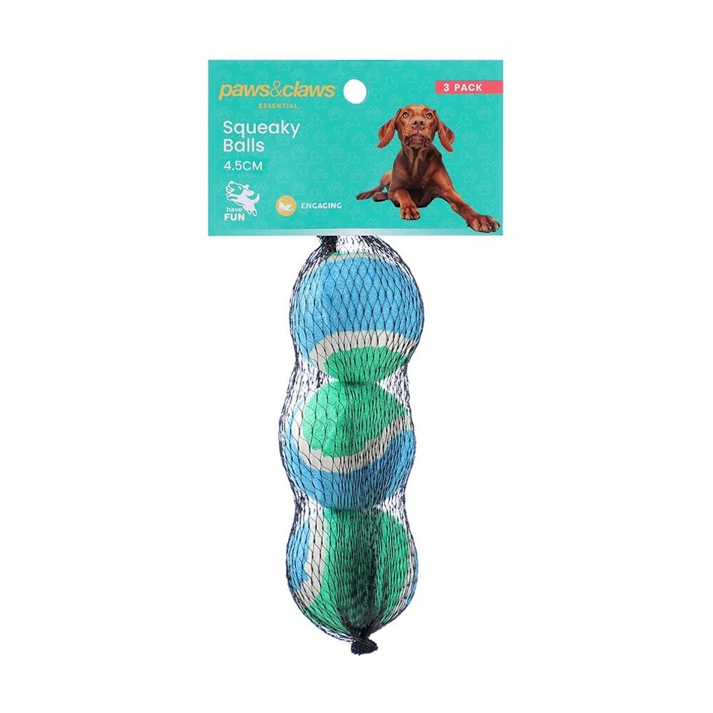 6x 3pc Paws And Claws Pet Dog Cat Squeaky Balls Toy Pack Assorted 4.5cm