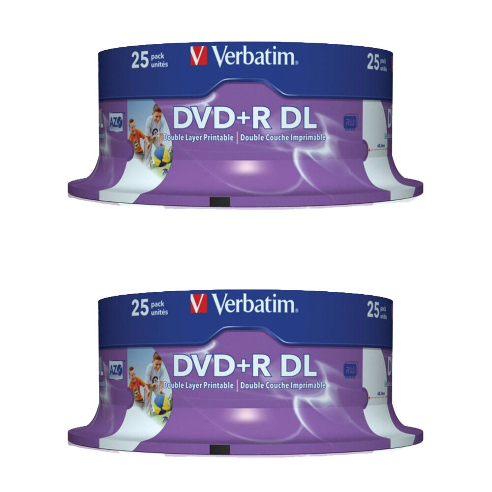 2 x 25pc VERBATIM DVD+R Double Layer White Wide Inkjet Blank Discs 8x 8.5GB