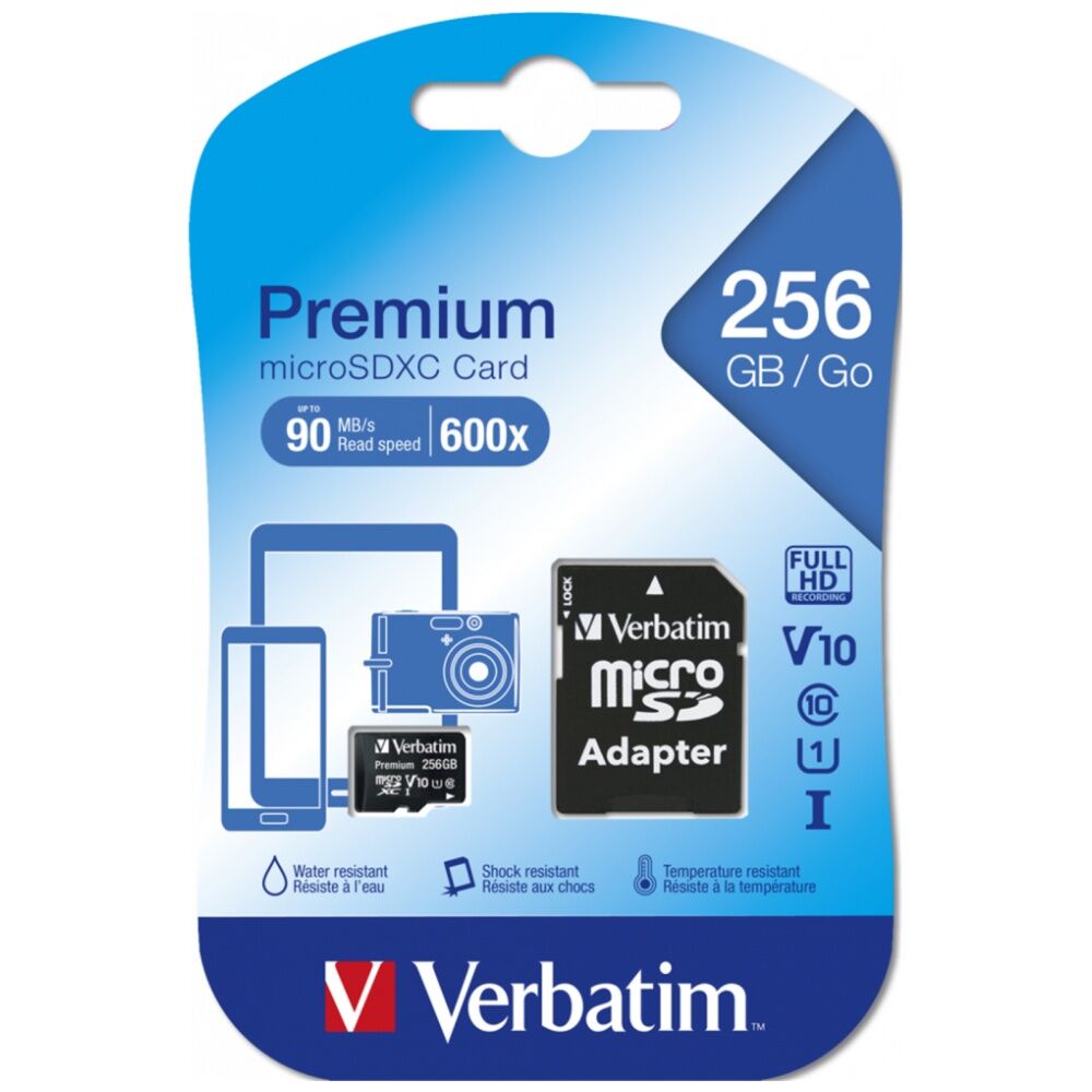 VERBATIM Micro SDXC eXtended Capacity Card Class 10 UHS-I W/ Adaptor 256GB