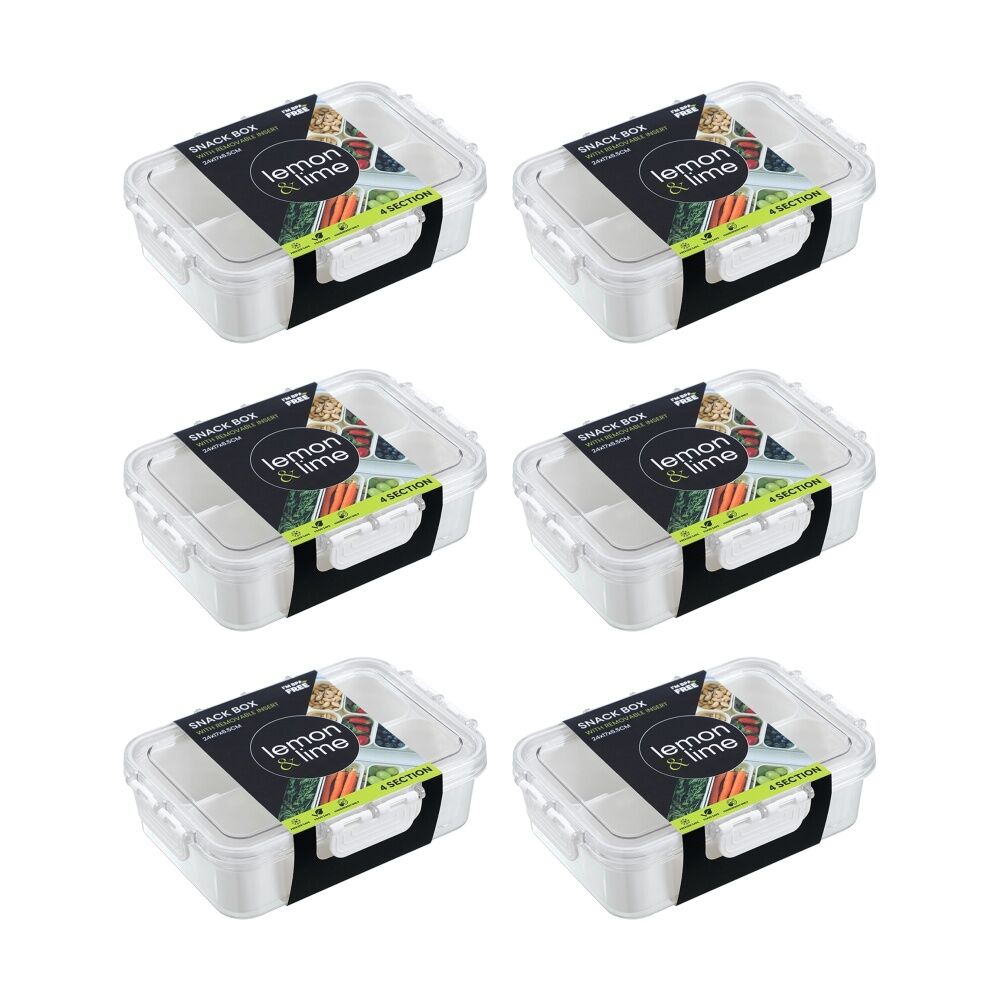 6PK Lemon And Lime Snackal Box 4 Section Reusable Food Container 24x17x6.8cm