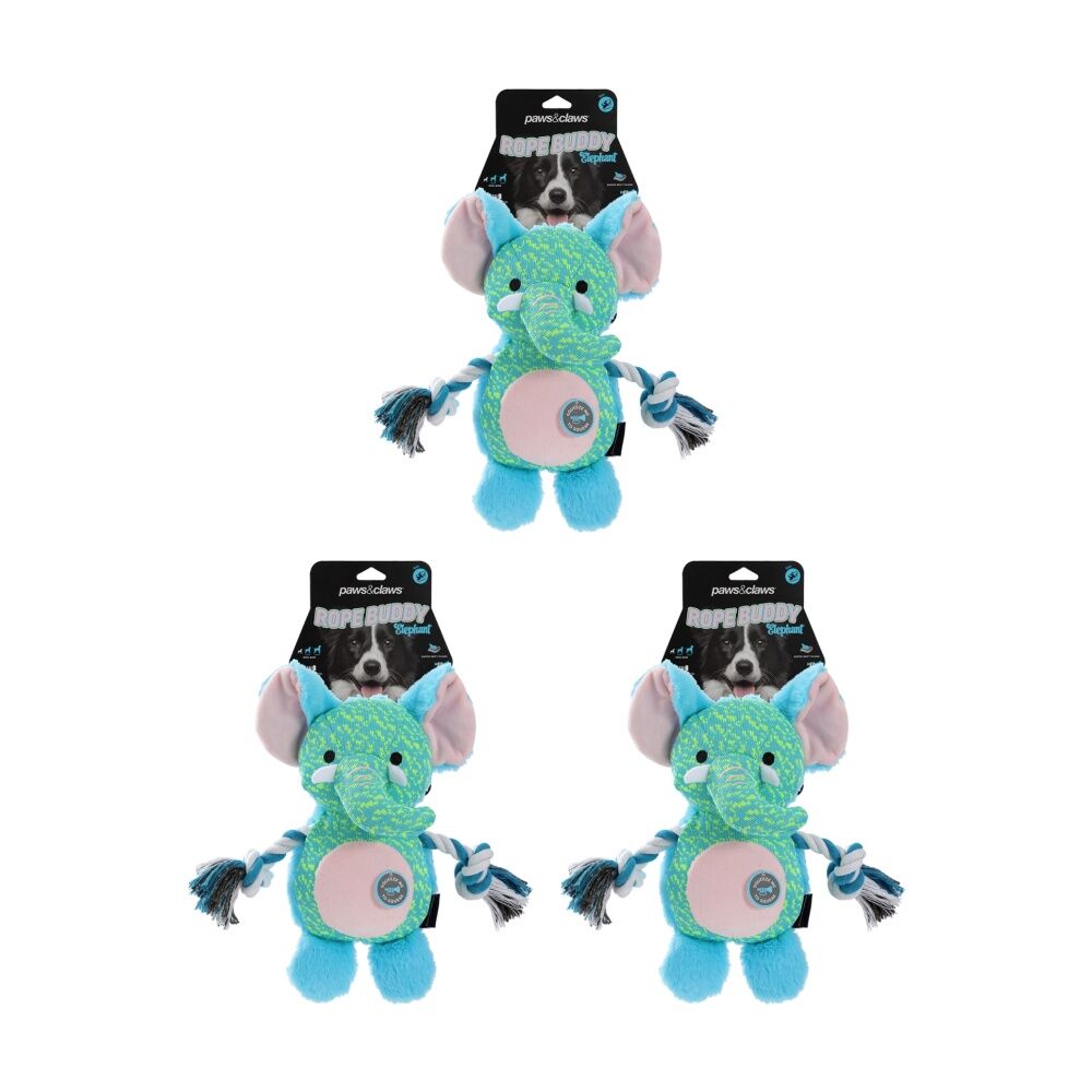 3x Paws And Claws Rope Buddy Fly-Knit Animals Dog Chew/Tug Squeaker Toy Assorted